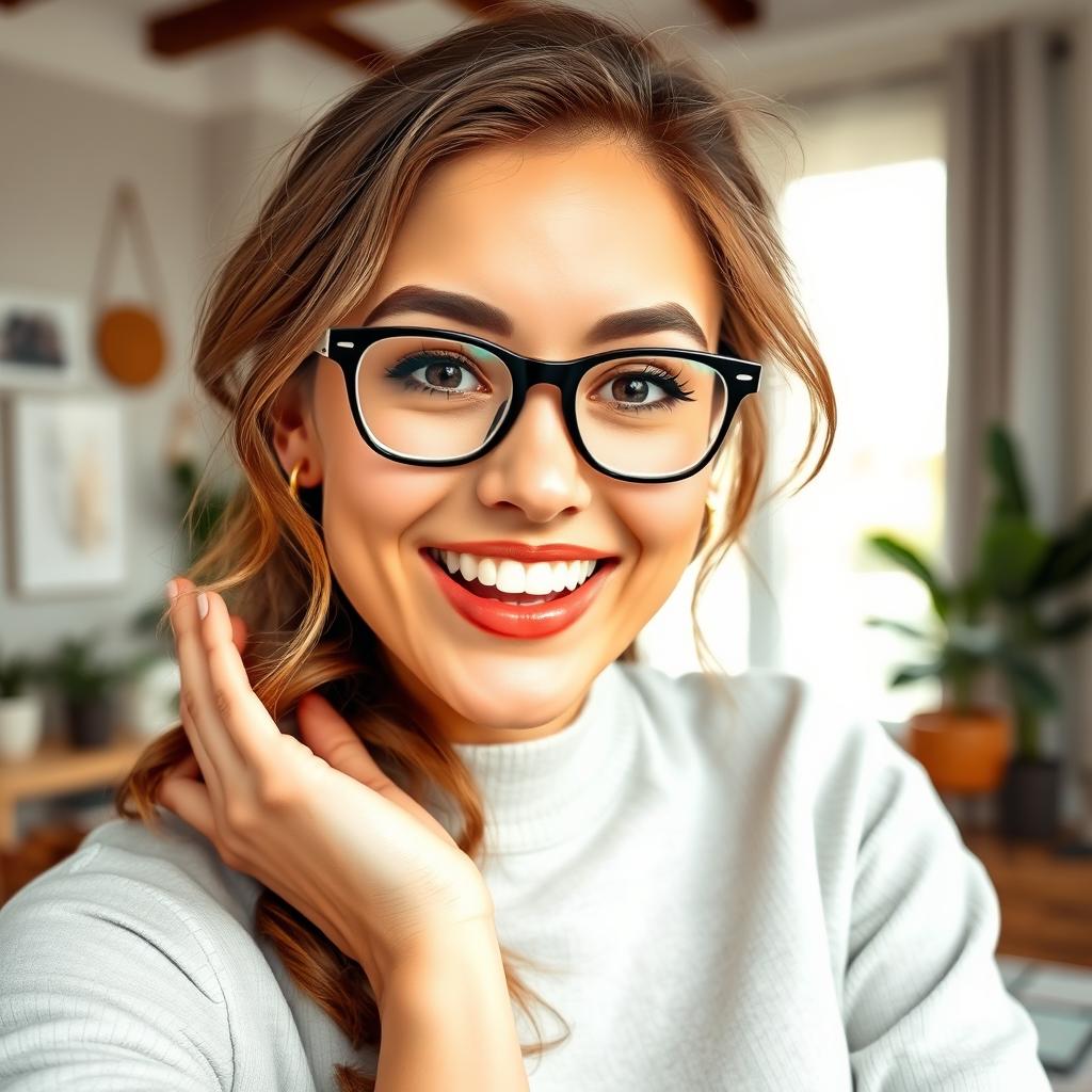 A playful scene featuring an attractive young woman with a charming smile, wearing stylish glasses