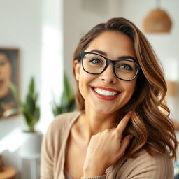 A playful scene featuring an attractive young woman with a charming smile, wearing stylish glasses