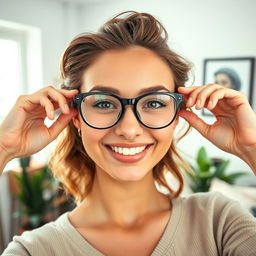 A playful scene featuring an attractive young woman with a charming smile, wearing stylish glasses