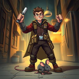 A triumphant hero, confidently posing with a defeated mouse at their feet, showcasing their skills as a pest controller