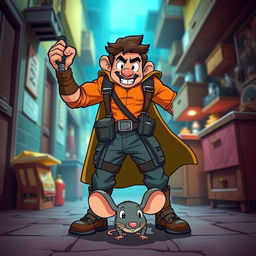 A triumphant hero, confidently posing with a defeated mouse at their feet, showcasing their skills as a pest controller
