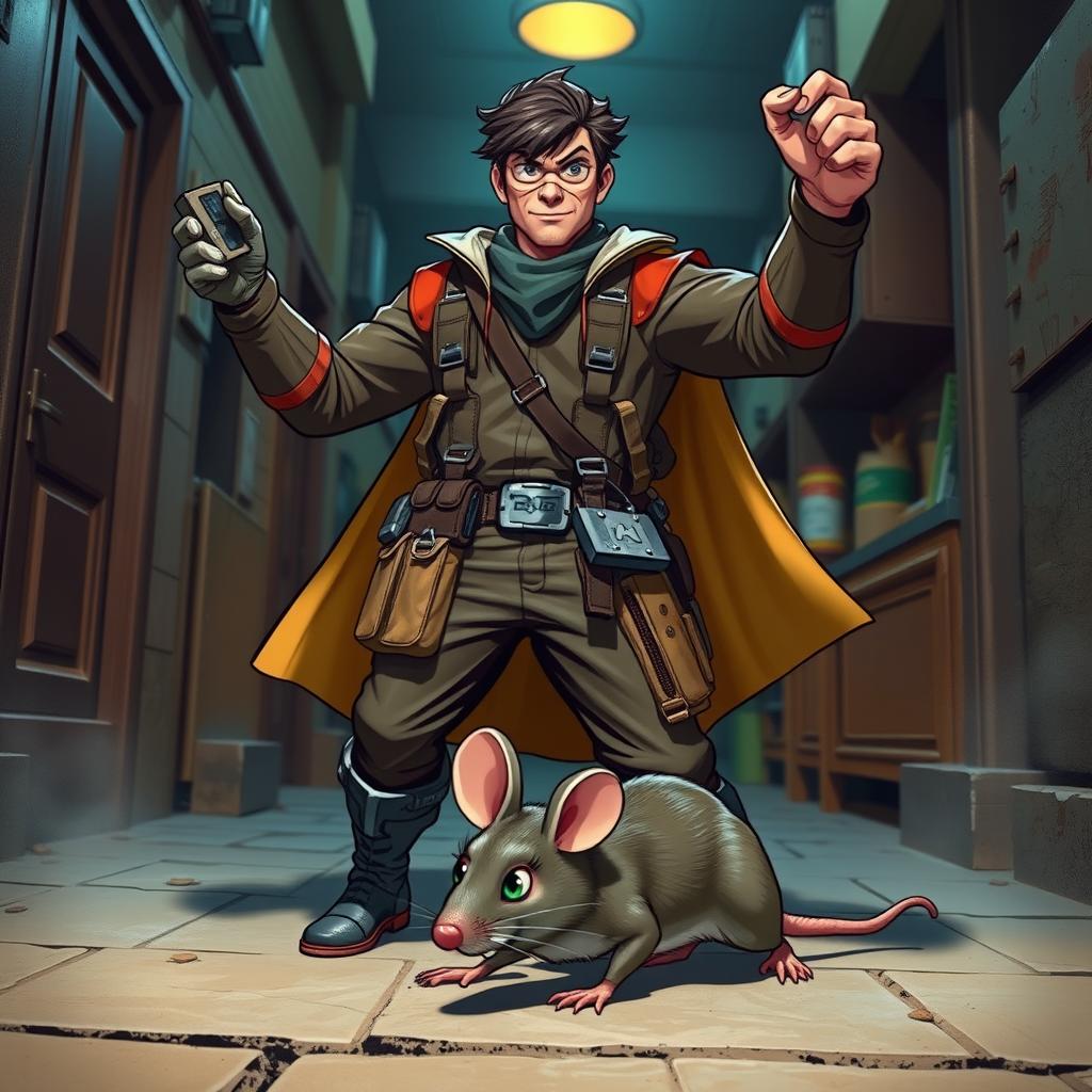 A triumphant hero, confidently posing with a defeated mouse at their feet, showcasing their skills as a pest controller