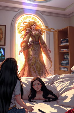 A magical and enchanting scene featuring a powerful sorceress from another world who accidentally opens a portal to Earth
