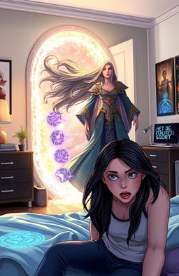 A magical and enchanting scene featuring a powerful sorceress from another world who accidentally opens a portal to Earth