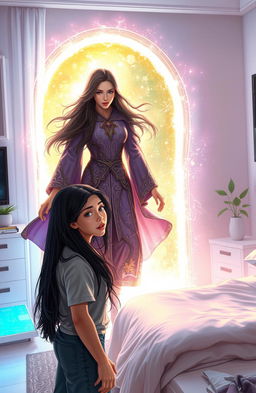 A magical and enchanting scene featuring a powerful sorceress from another world who accidentally opens a portal to Earth