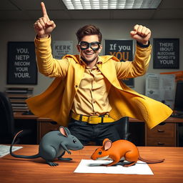 A dramatic scene portraying you as a hero celebrating your victory over a troublesome mouse