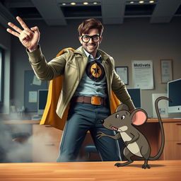 A dramatic scene portraying you as a hero celebrating your victory over a troublesome mouse