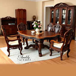 A beautifully crafted wooden furniture set displayed in a cozy living room