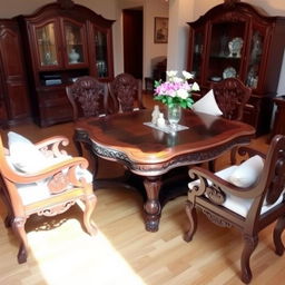 A beautifully crafted wooden furniture set displayed in a cozy living room
