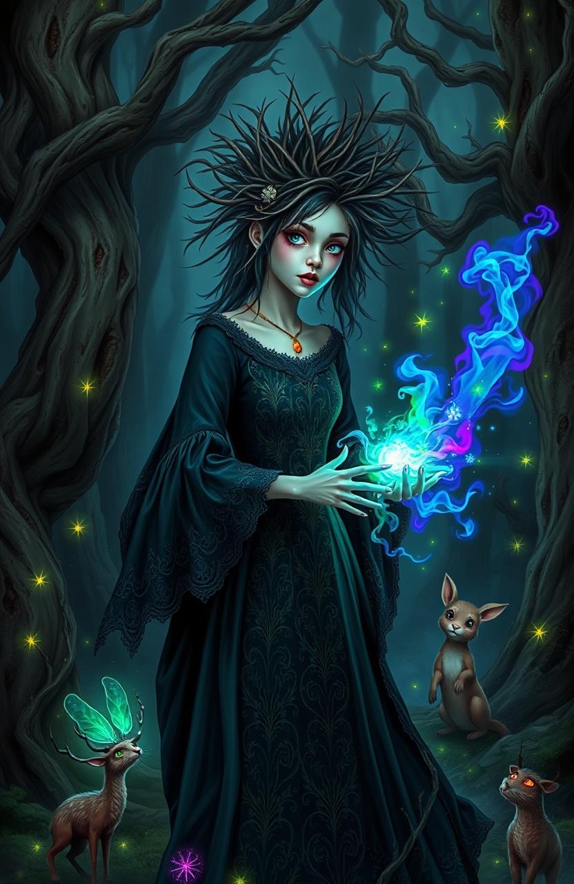A dark and mystical forest setting where a witch has accidentally conjured a burst of colorful magical energy while mixing potions