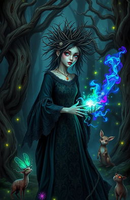A dark and mystical forest setting where a witch has accidentally conjured a burst of colorful magical energy while mixing potions