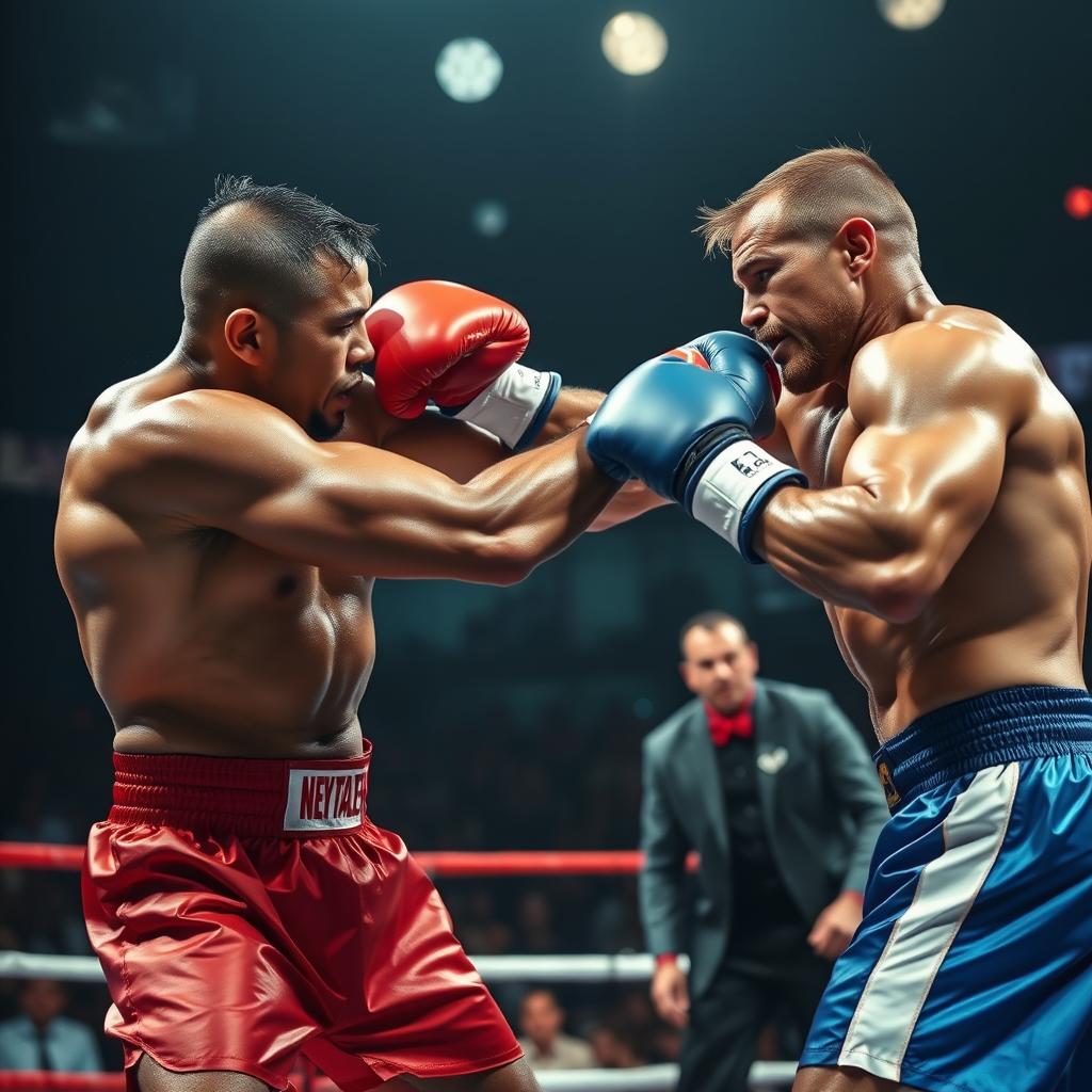 A dynamic scene of two muscular fighters engaged in an intense boxing match, fully focused and delivering powerful punches