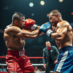 A dynamic scene of two muscular fighters engaged in an intense boxing match, fully focused and delivering powerful punches