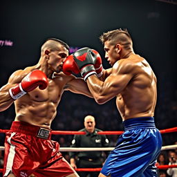 A dynamic scene of two muscular fighters engaged in an intense boxing match, fully focused and delivering powerful punches