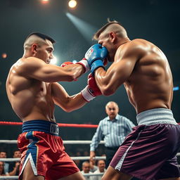 A dynamic scene of two muscular fighters engaged in an intense boxing match, fully focused and delivering powerful punches
