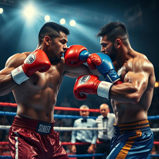 A dynamic scene of two muscular fighters engaged in an intense boxing match, fully focused and delivering powerful punches