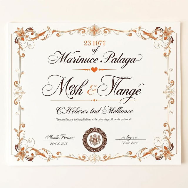 A beautifully designed wedding marriage certificate featuring elegant calligraphy