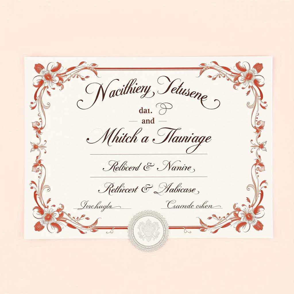 A beautifully designed wedding marriage certificate featuring elegant calligraphy