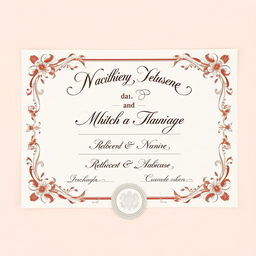 A beautifully designed wedding marriage certificate featuring elegant calligraphy