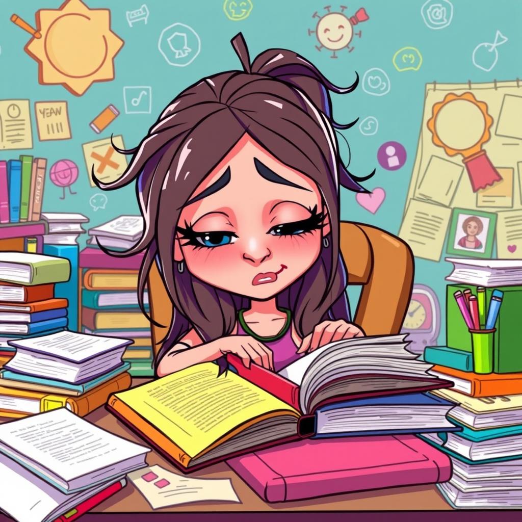 A cartoon character named Yvonne, with vibrant colors and exaggerated features, is depicted sitting at a lively, cluttered desk filled with textbooks, papers, and colorful supplies