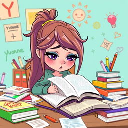 A cartoon character named Yvonne, with vibrant colors and exaggerated features, is depicted sitting at a lively, cluttered desk filled with textbooks, papers, and colorful supplies