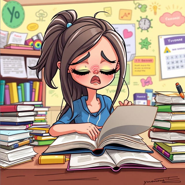 A cartoon character named Yvonne, with vibrant colors and exaggerated features, is depicted sitting at a lively, cluttered desk filled with textbooks, papers, and colorful supplies