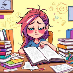 A cartoon character named Yvonne, with vibrant colors and exaggerated features, is depicted sitting at a lively, cluttered desk filled with textbooks, papers, and colorful supplies