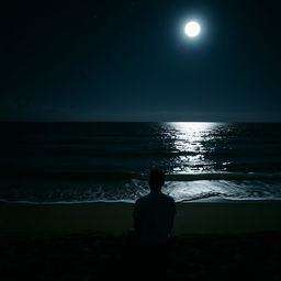 A serene nighttime beach scene featuring a dark ocean under a starry sky