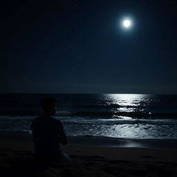 A serene nighttime beach scene featuring a dark ocean under a starry sky