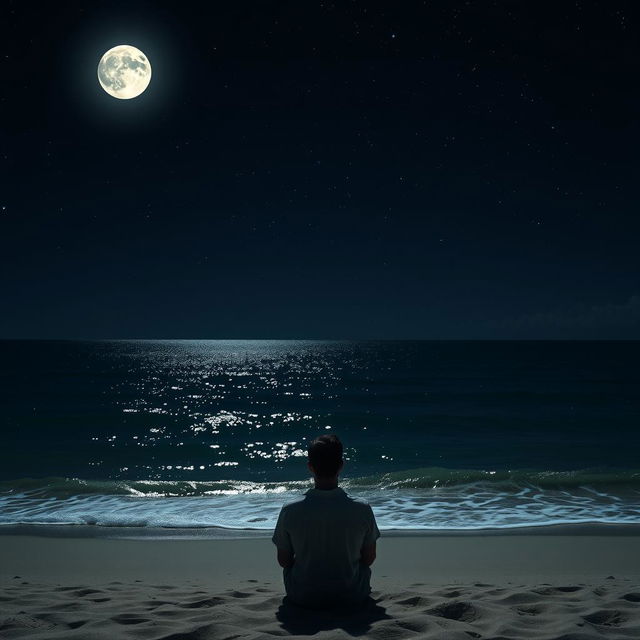 A serene nighttime beach scene featuring a dark ocean under a starry sky