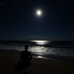 A serene nighttime beach scene featuring a dark ocean under a starry sky
