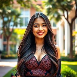 A beautiful young Indonesian woman with large breasts, wearing stylish college attire