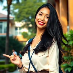 A beautiful young Indonesian woman with large breasts, wearing stylish college attire