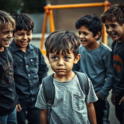 A dark and emotional scene depicting bullying in a school setting