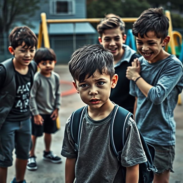 A dark and emotional scene depicting bullying in a school setting