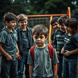 A dark and emotional scene depicting bullying in a school setting