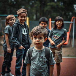 A dark and emotional scene depicting bullying in a school setting