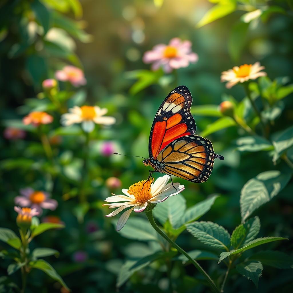 A realistic and vibrant butterfly perched delicately on a flower in a lush natural setting