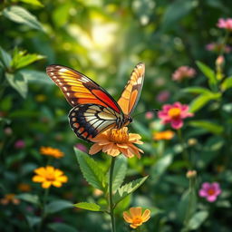 A realistic and vibrant butterfly perched delicately on a flower in a lush natural setting
