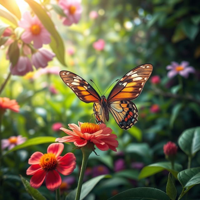 A realistic and vibrant butterfly perched delicately on a flower in a lush natural setting