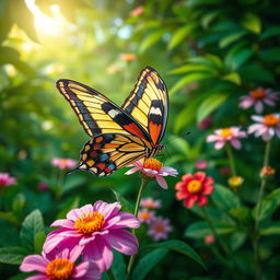A realistic and vibrant butterfly perched delicately on a flower in a lush natural setting