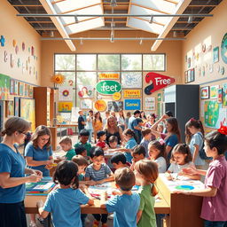 A vibrant scene depicting a community outreach program that encourages local school children to participate in museum activities