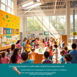 A vibrant scene depicting a community outreach program that encourages local school children to participate in museum activities
