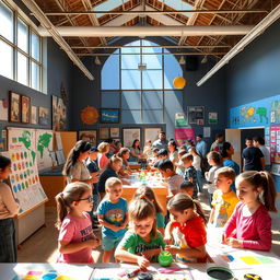 A vibrant scene depicting a community outreach program that encourages local school children to participate in museum activities