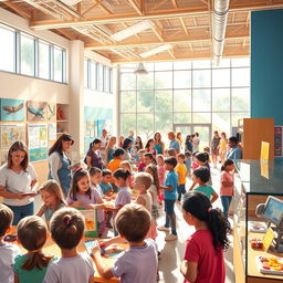 A vibrant scene depicting a community outreach program that encourages local school children to participate in museum activities