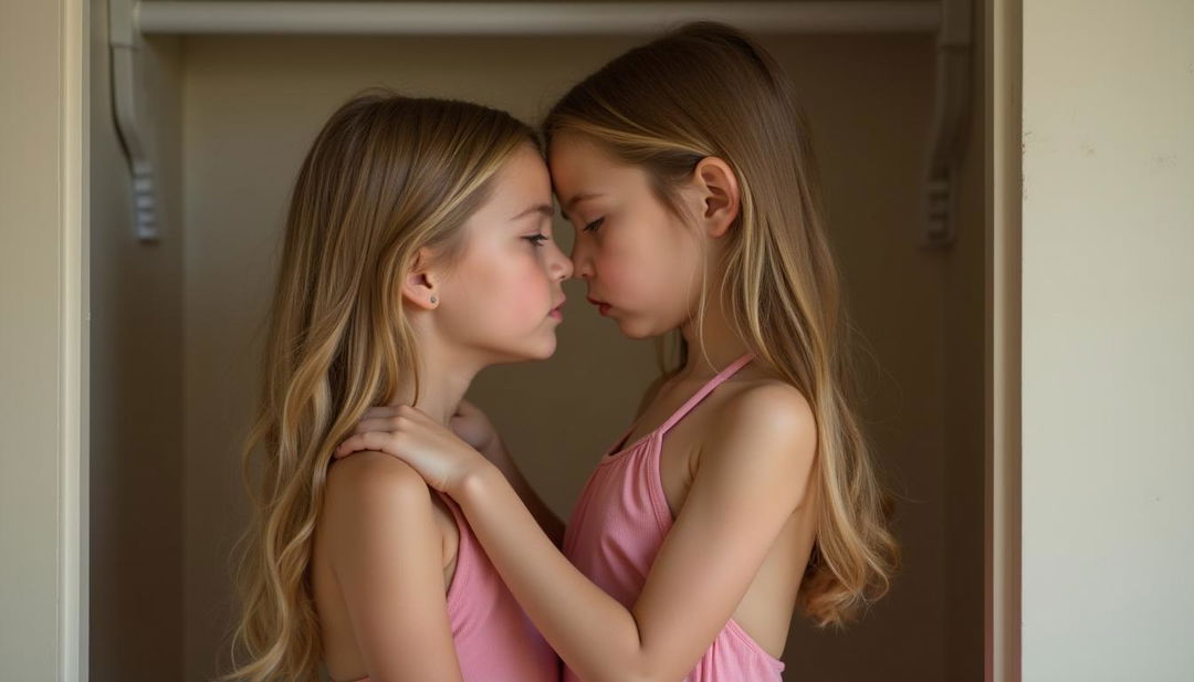 A realistic photo of two young girls facing each other, both with thin, long blonde hair, wearing matching pink halter tops