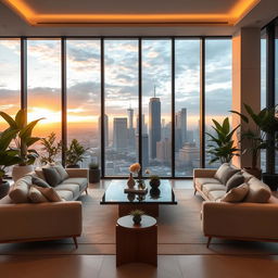 A beautifully styled interior scene featuring a luxurious living room with minimalist decor and elegant furniture