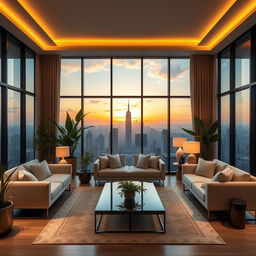 A beautifully styled interior scene featuring a luxurious living room with minimalist decor and elegant furniture