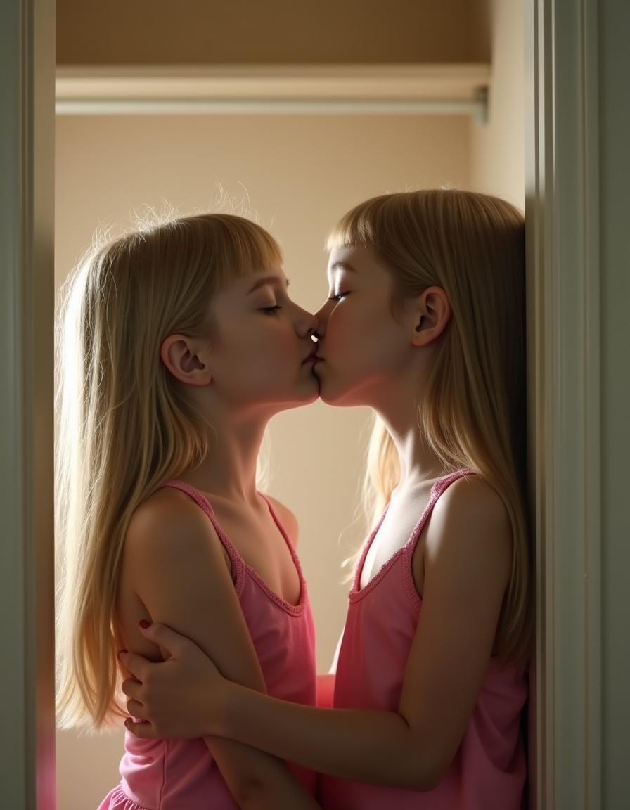 A realistic photograph of two young girls with thin, long blonde hair facing each other inside an empty closet