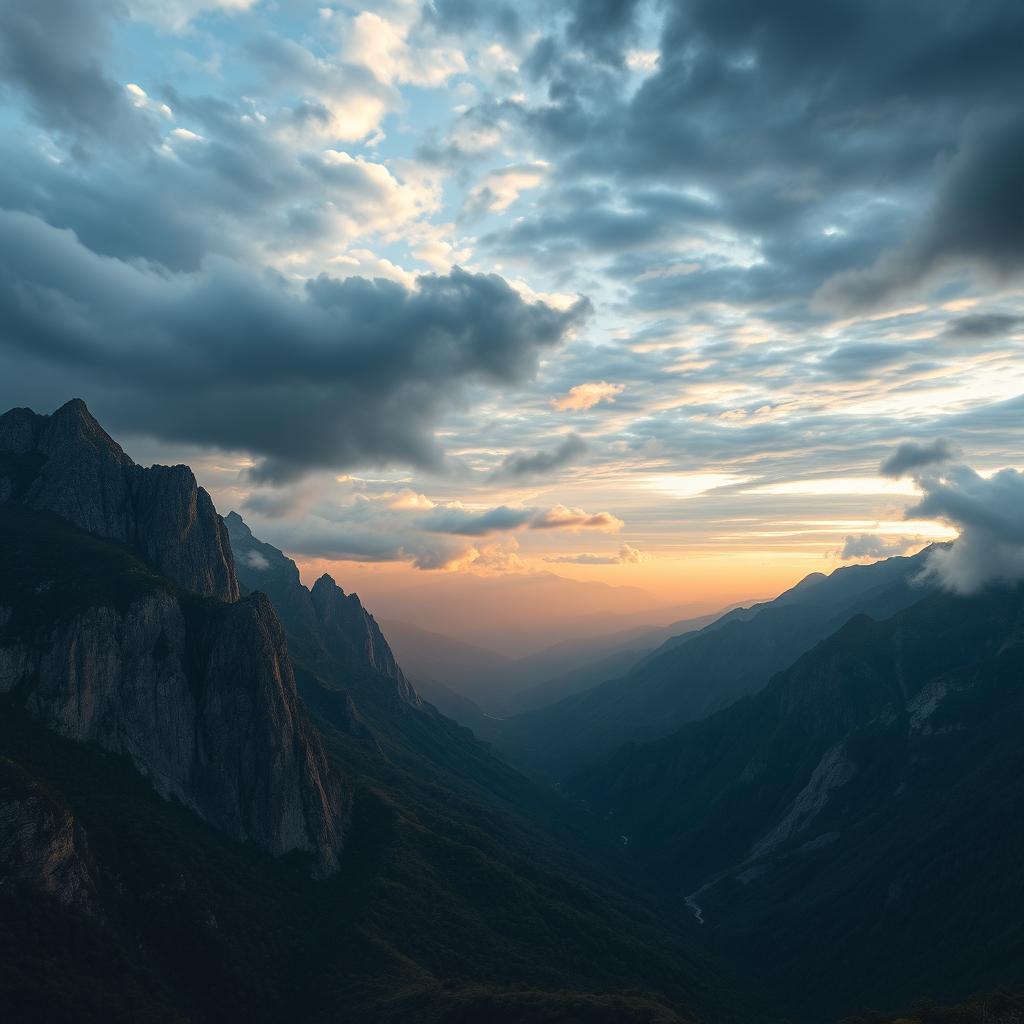 A stunning, realistic photograph featuring a cinematic view of a vast mountain landscape under a dramatic sky